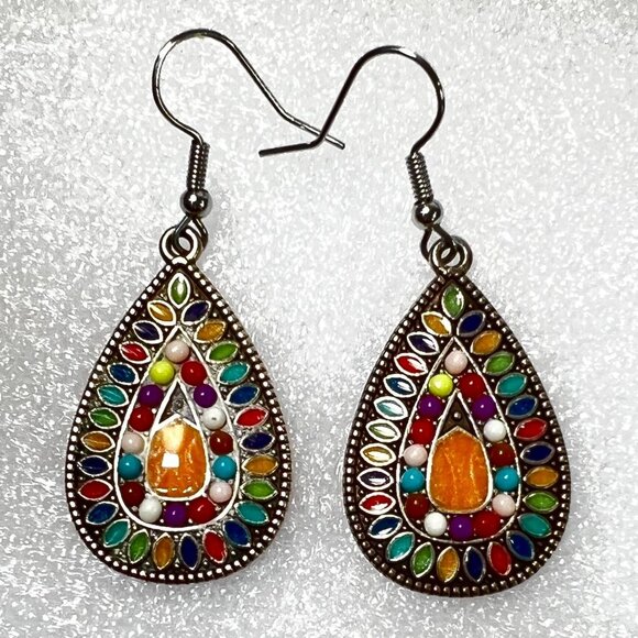Boho Cloisonne Mosaic 2"X .8" Dangle Chandelier Multicolor Earrings Hook Clasp - Picture 2 of 6
